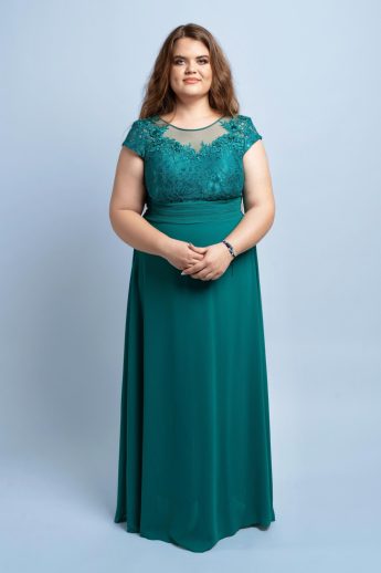   Esther rövid ujjas, muszlin, molett alkalmi ruha csipke felső résszel, smaragdzöld