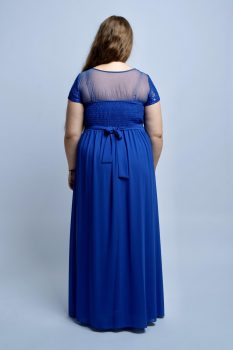 Brigitte rövid ujjas muszlin molett alkalmi ruha csipke díszítéssel, királykék