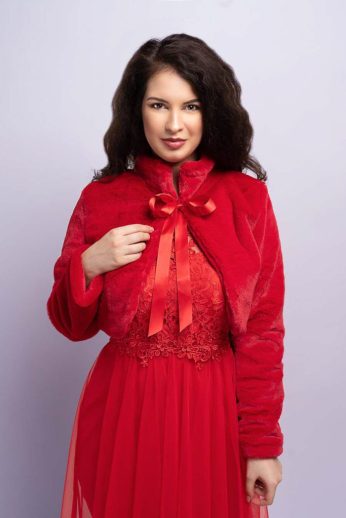 Szatén masnis megkötős szőrme menyecske boleró, piros