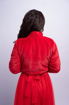 Szatén masnis megkötős szőrme menyecske boleró, piros