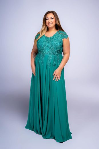   Rövid ujjas Princess csillogó köves plus size maxiruha, smaragdzöld