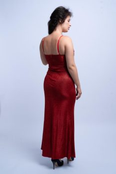 Marilyn csillogó fűzős hatású felsliccelt lurexes maxiruha, piros 