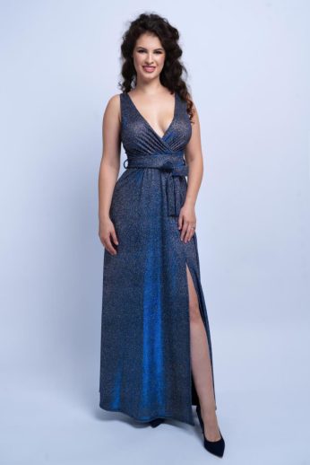   Elisabeth csillogó lurexes sliccelt dekoltált masnis nyitott hátú maxiruha, éjkék