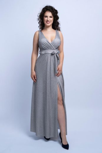   Elisabeth csillogó lurexes sliccelt dekoltált masnis nyitott hátú maxiruha, ezüst