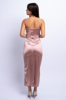 Linda fényes átlapolt felsliccelt szatén maxiruha, rosegold, L/XL