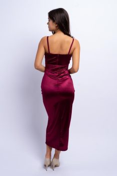 Linda fényes átlapolt felsliccelt szatén maxiruha, bordó, L/XL