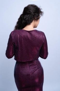 Csillogó lurexes 3/4 ujjas alkalmi boleró, sötét lila