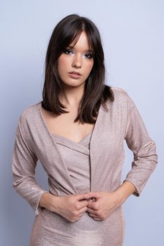 Csillogó lurexes 3/4 ujjas alkalmi boleró, pezsgő 