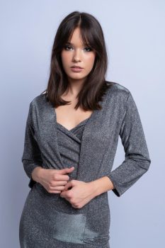 Csillogó lurexes 3/4 ujjas alkalmi boleró, grafitszürke