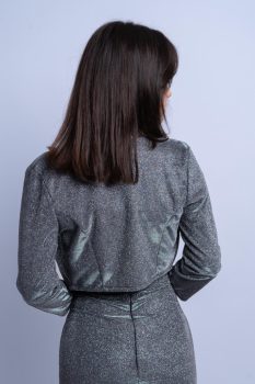 Csillogó lurexes 3/4 ujjas alkalmi boleró, grafitszürke