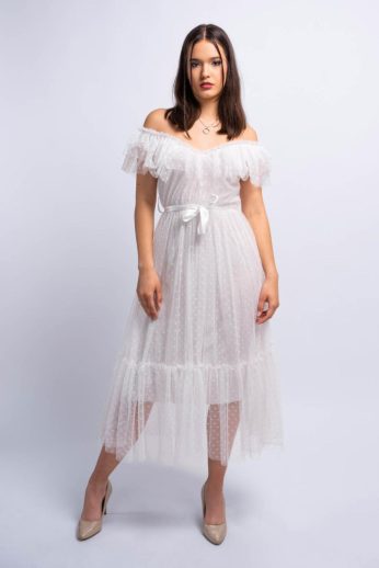   Annabelle tüllös pöttyös fodros vállú midi menyasszonyi ruha, fehér