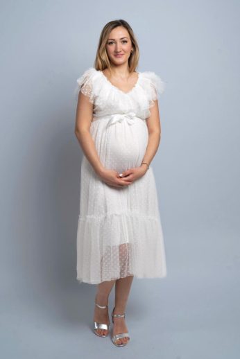   Annabelle tüllös pöttyös fodros vállú midi kismama menyasszonyi ruha, fehér