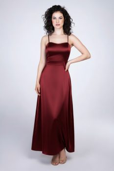 Stella A-vonalú fűzős hátú szatén alkalmi maxi ruha, bordó