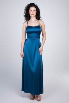 Stella A-vonalú fűzős hátú szatén alkalmi maxi ruha, petrolkék