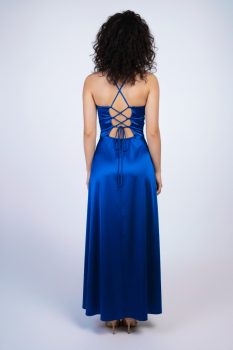 Stella A-vonalú fűzős hátú szatén alkalmi maxi ruha, királykék