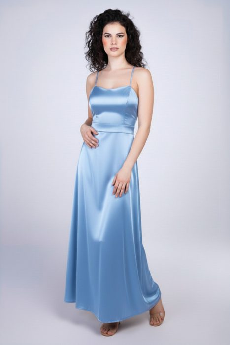 Stella A-vonalú fűzős hátú szatén alkalmi maxi ruha, jégkék