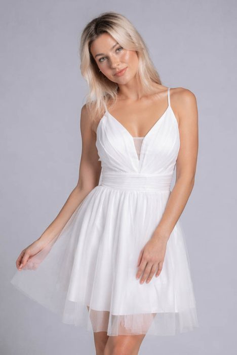 Alina tüllös csillámló spagetti pantos rövid menyasszonyi ruha, fehér, teljes alakos, hátulról