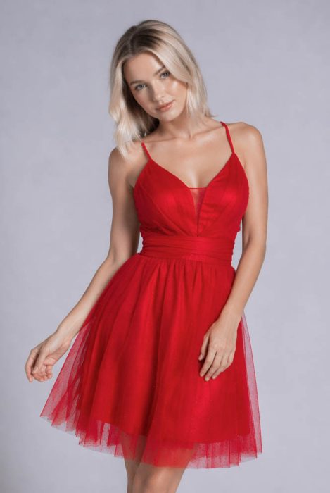 Alina csillámló tüllös spagetti pántos menyecske ruha, piros, közeli, elölről