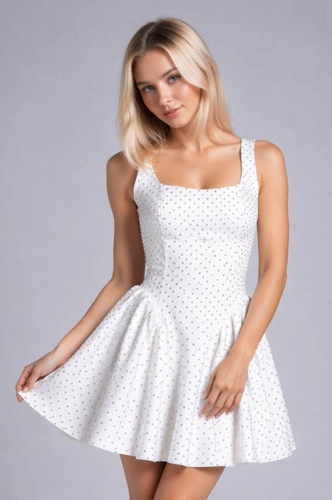 Arina hátul masnis, köves rövid menyasszonyi ruha, fehér, előlről, közeli