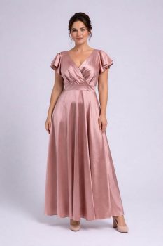 Mirabell ujjas szatén maxi ruha, rosegold, teljes alakos, elölről