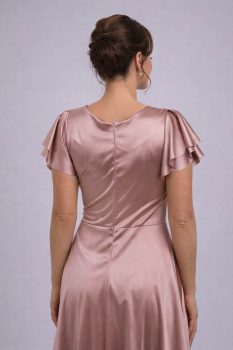 Mirabell ujjas szatén maxi ruha, rosegold, félalakos, hátulról