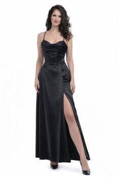 Marilyn fűzős hátú A-vonalú corset hatású szatén maxi ruha, fekete , teljes alakos elölről