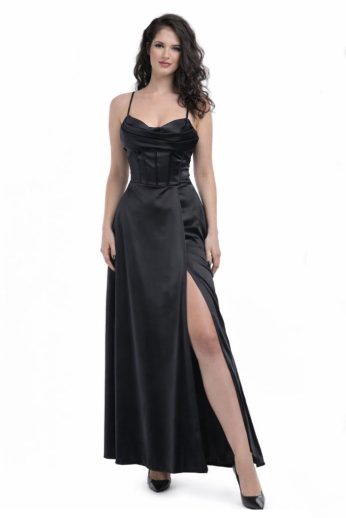 Marilyn fűzős hátú A-vonalú corset hatású szatén maxi ruha, fekete , teljes alakos elölről
