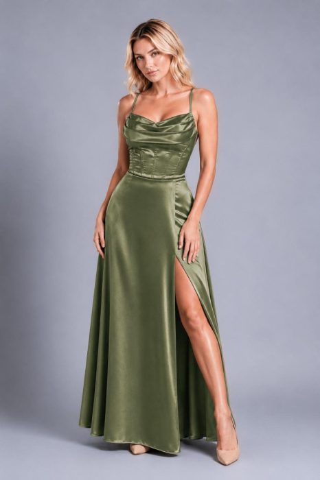 Marilyn fűzős hátú A-vonalú corset hatású szatén maxi ruha, khaki zöld szín, félalakos, elölről, teljes alakos