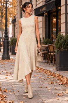 Chloe aszimetrikus bordázott kötött midi ruha, krém, teljes alakos kép szemből, lifestyle, őszi városi utcán sétál a modell