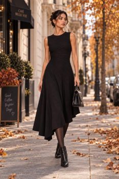 Chloe aszimetrikus bordázott kötött midi ruha, fekete, teljes alakos kép szemből, lifestyle, őszi városi utcán sétál a modell