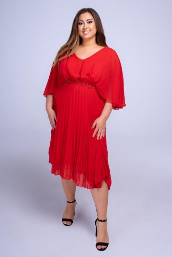  Helga pliszírozott pelerines midi plus size muszlin menyecske ruha, piros