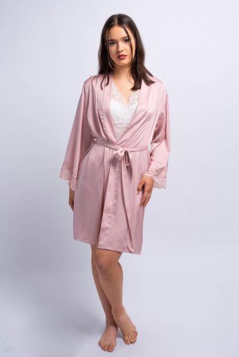   Csipkés ujjú szatén koszorúslány készülődős köntös, mályva