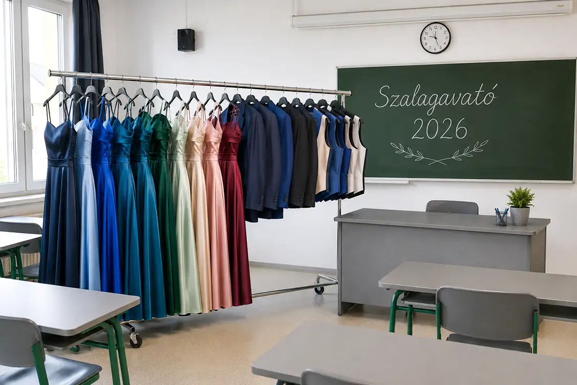 Szalagavatós ruhák bemutató darabjai az osztályteremben